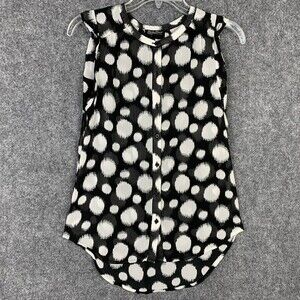 Lucky Brand Silky Button Up Blouse Women XS  Ruffle Cap Sleeve Black & White